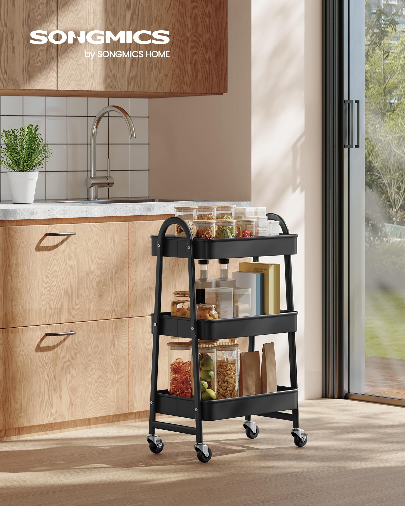 Songmics BSC068B01 Carrello Cucina Nero 3 Livelli con Ruote