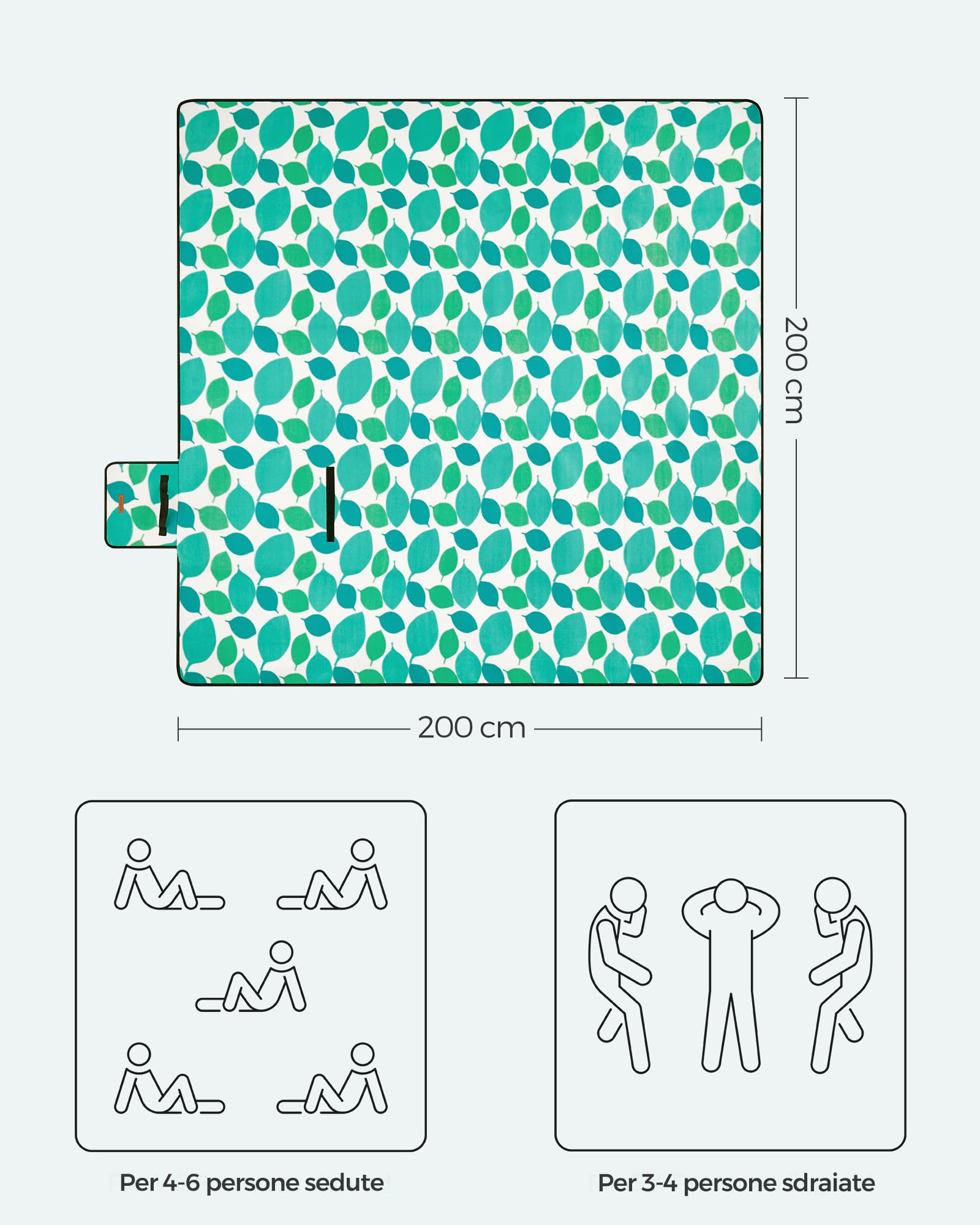 Songmics GCM78Y coperta picnic 200x200 foglie impermeabile