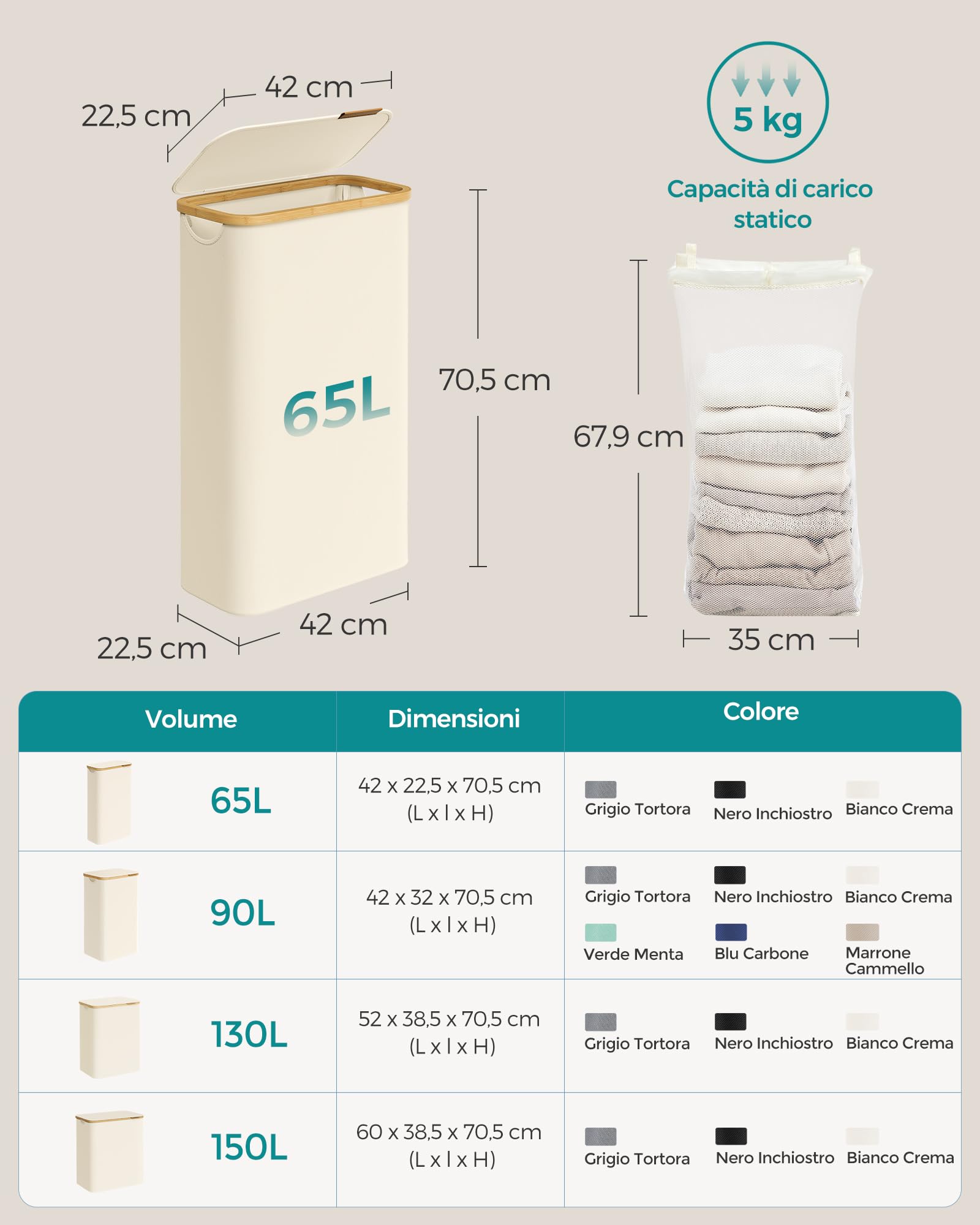 Songmics LCB506W01 cesto portabiancheria 65L bianco crema salvaspazio