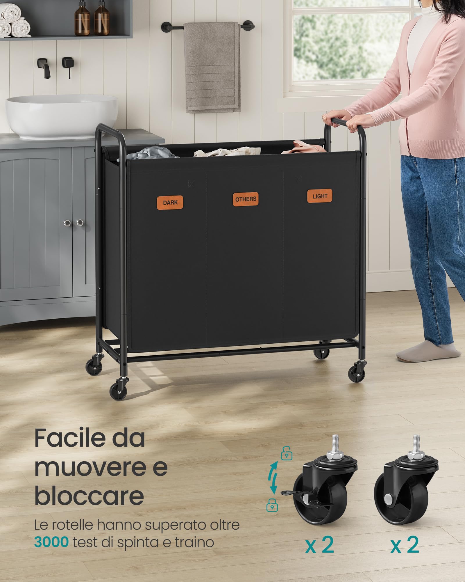 Songmics RLS330B01 carrello portabiancheria 3 scomparti 170L