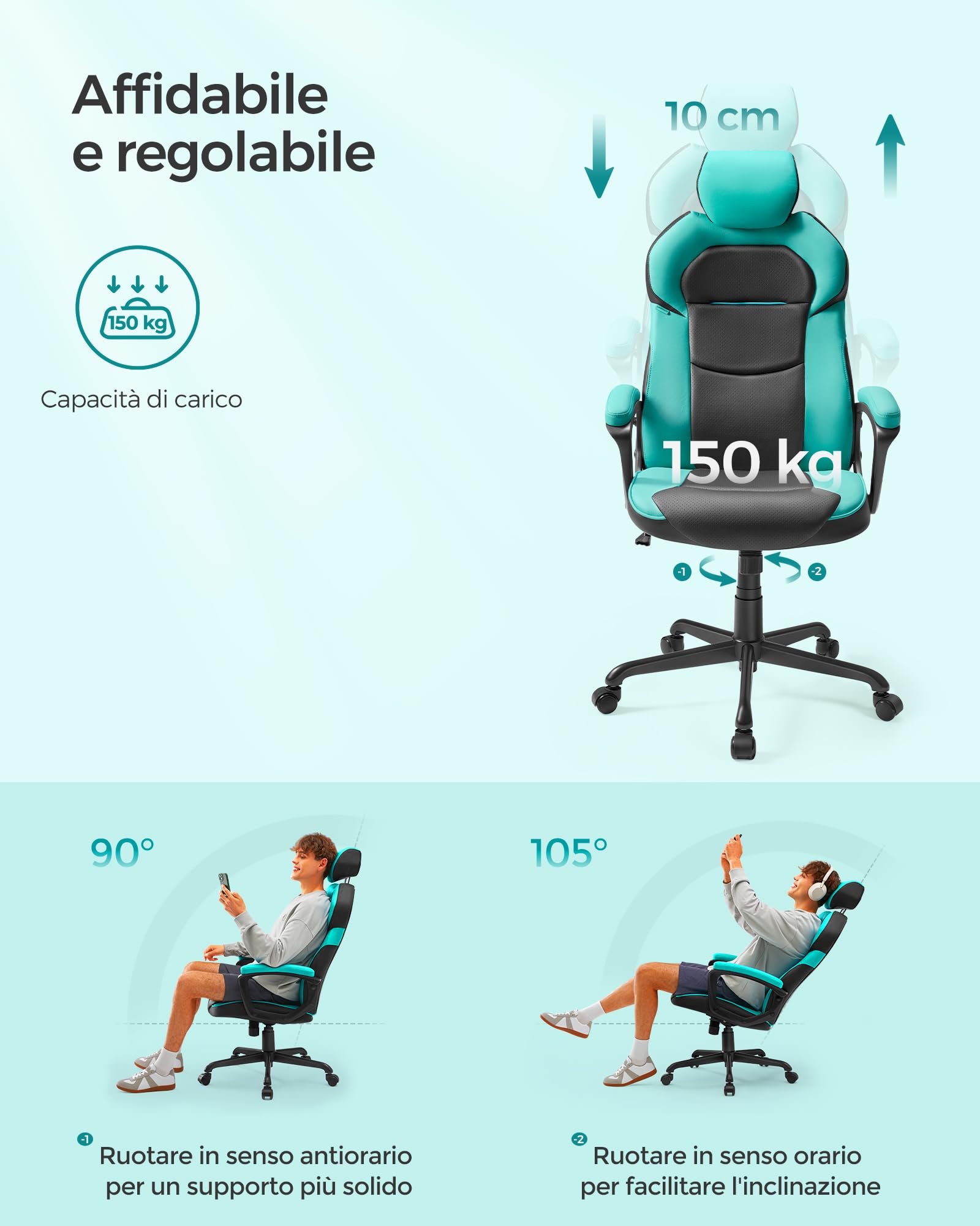Songmics OBG066Q01 sedia ufficio blu acqua traspirante 150 kg