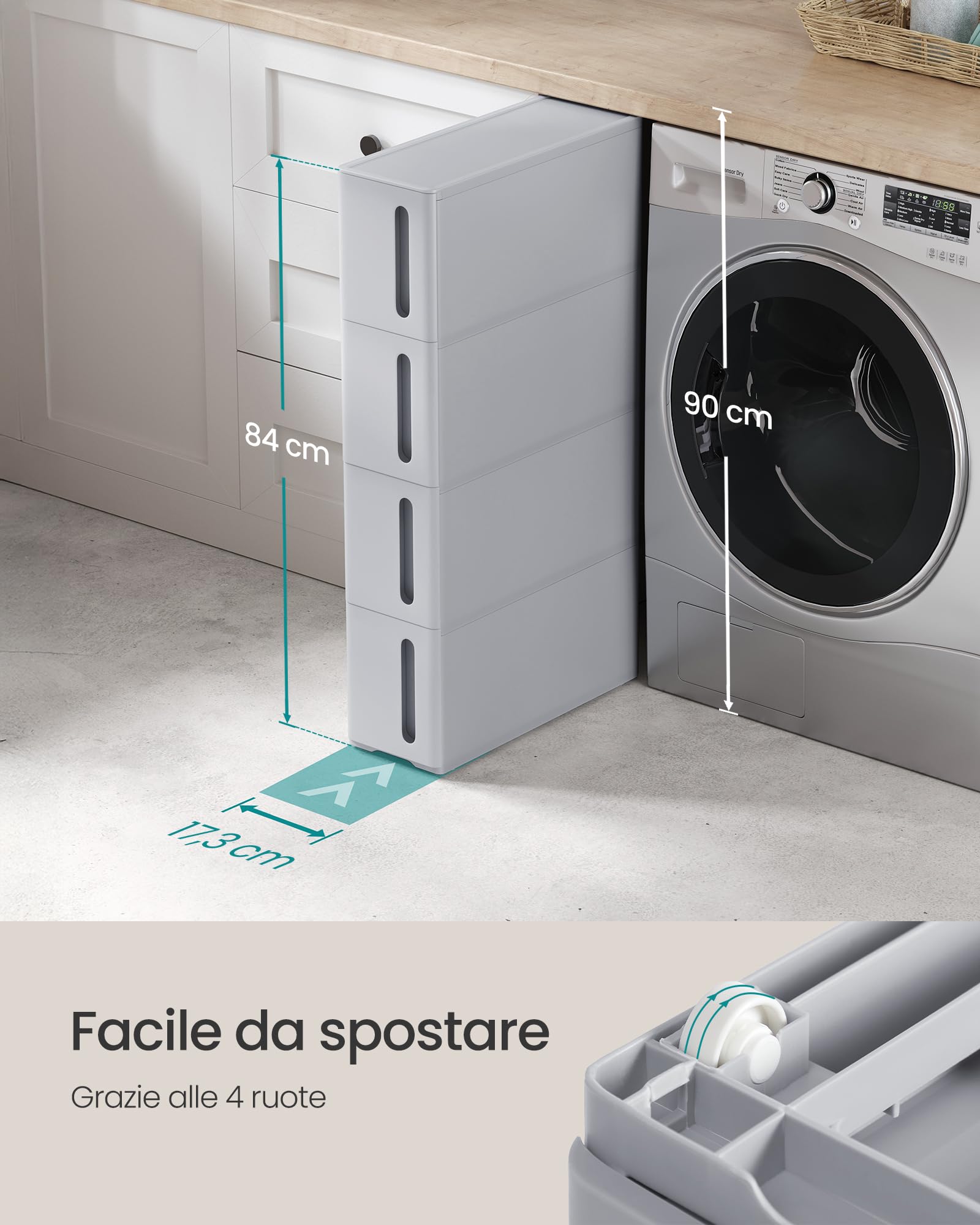 Songmics KFR008G02 carrello 4 cassetti 17,3 cm grigio plastica PP
