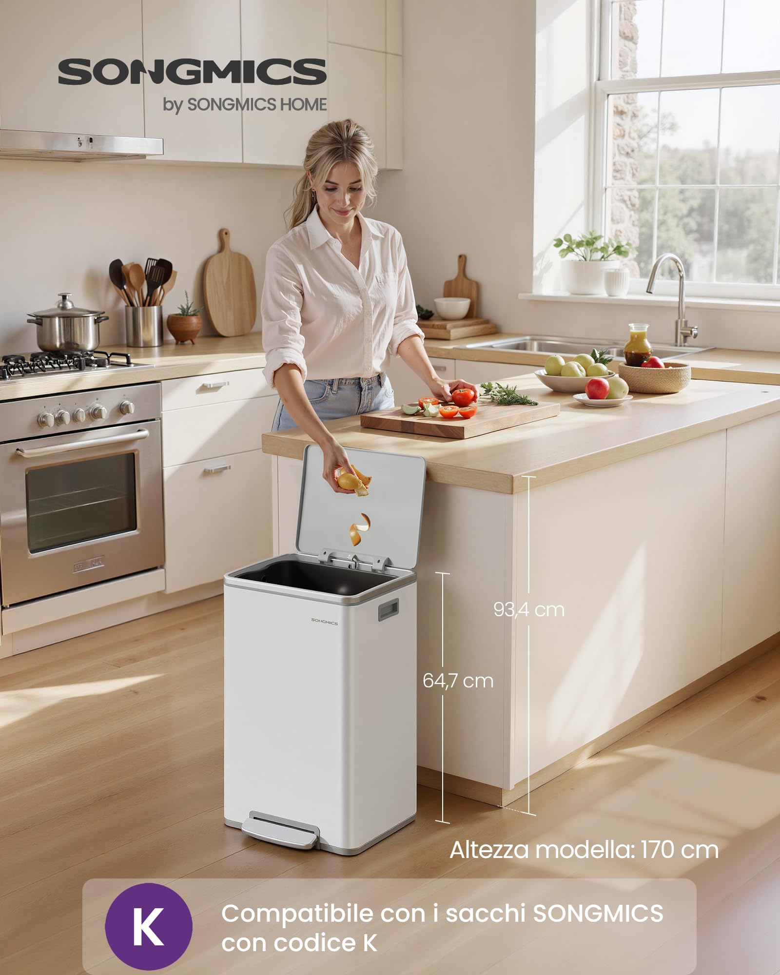 Songmics LTB595WC01 pattumiera cucina bianca 50 L acciaio