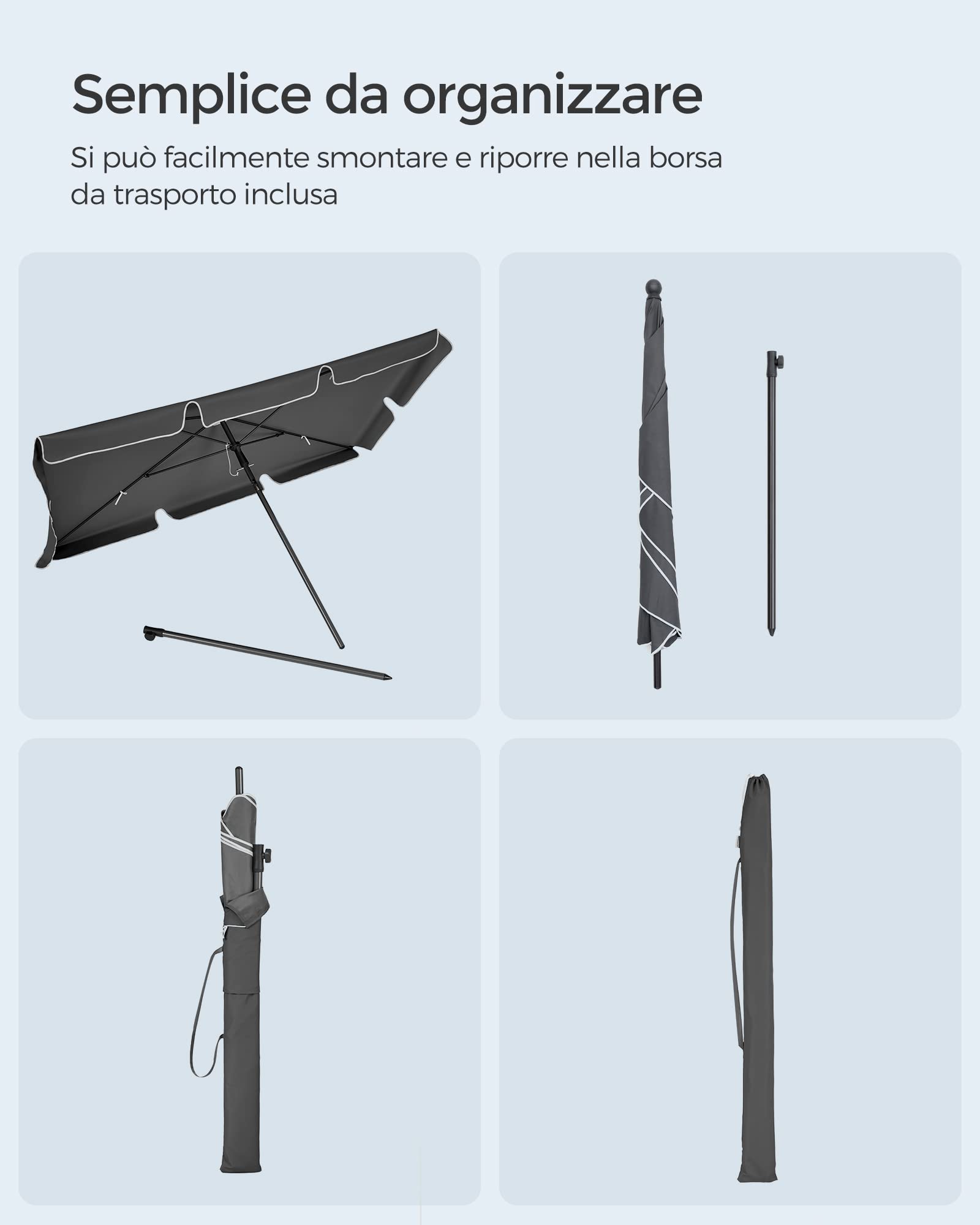 Songmics GPU180G01 ombrellone 180x125 cm grigio UPF50+