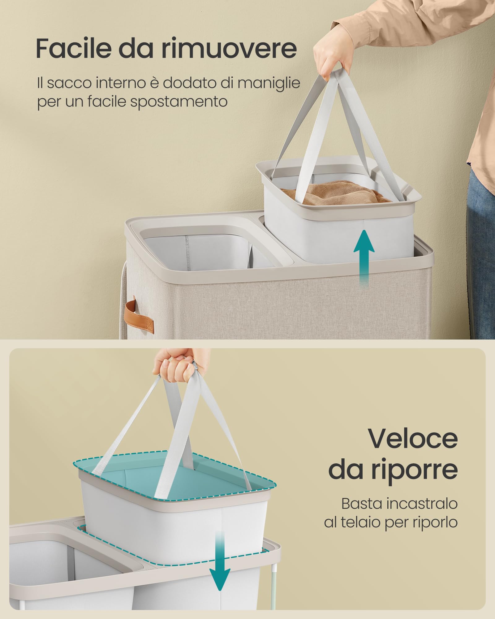 Songmics LCB813L01 cesto portabiancheria 170L beige 2 scomparti
