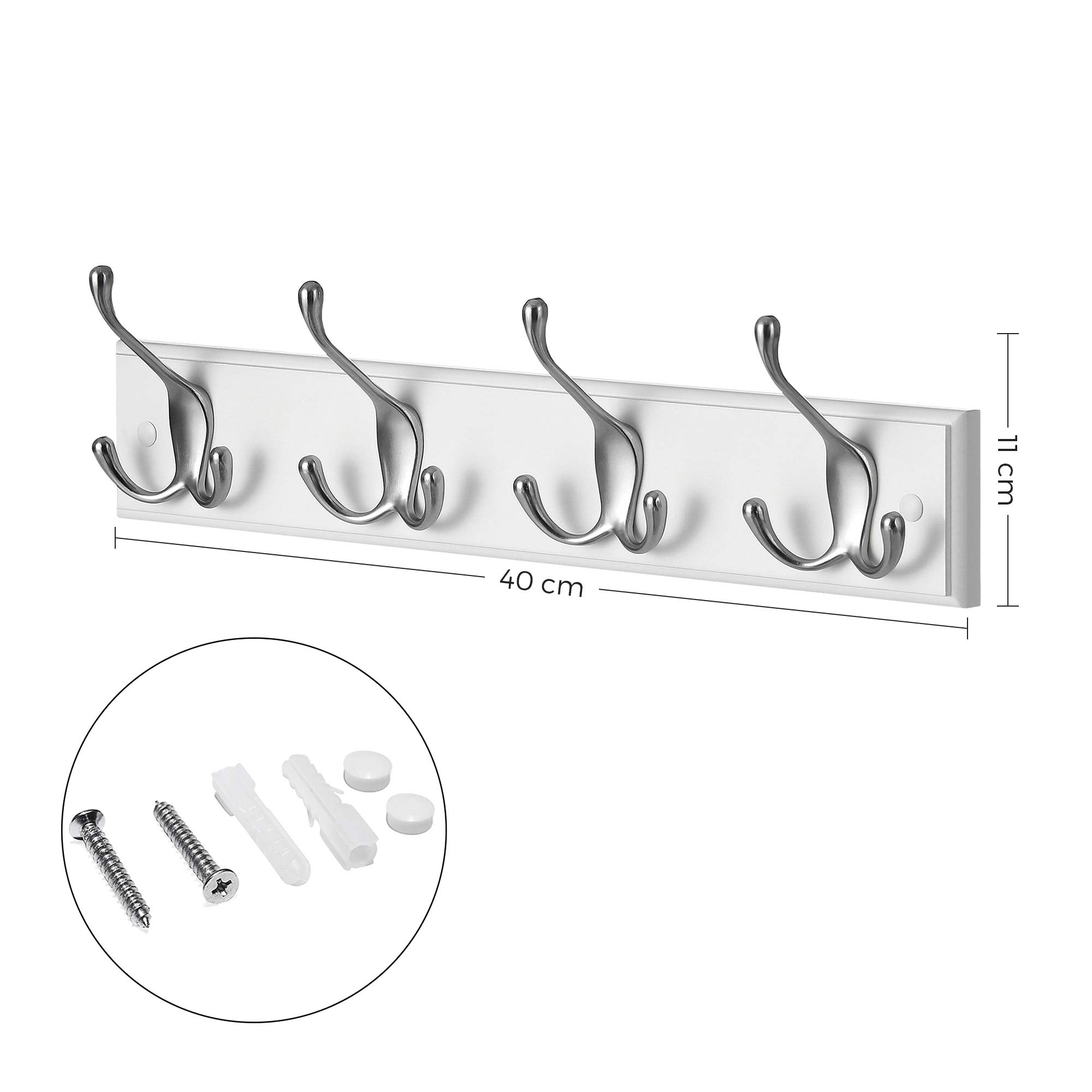 SONGMICS LHR030E01 attaccapanni parete 4 ganci bianco 40x11x7 cm