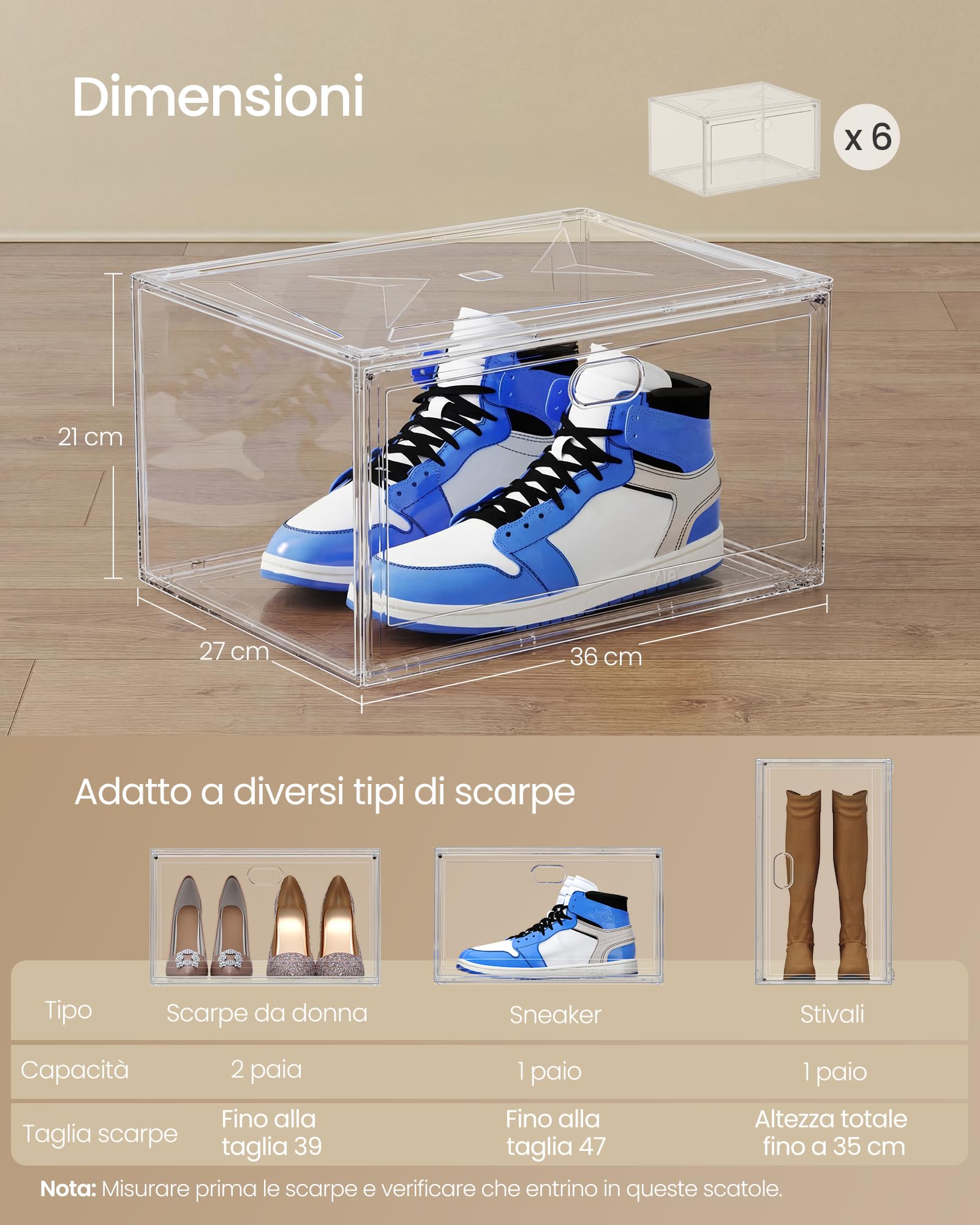 Songmics LSP706WH01 scatole scarpe trasparenti set 6 pezzi fino 47