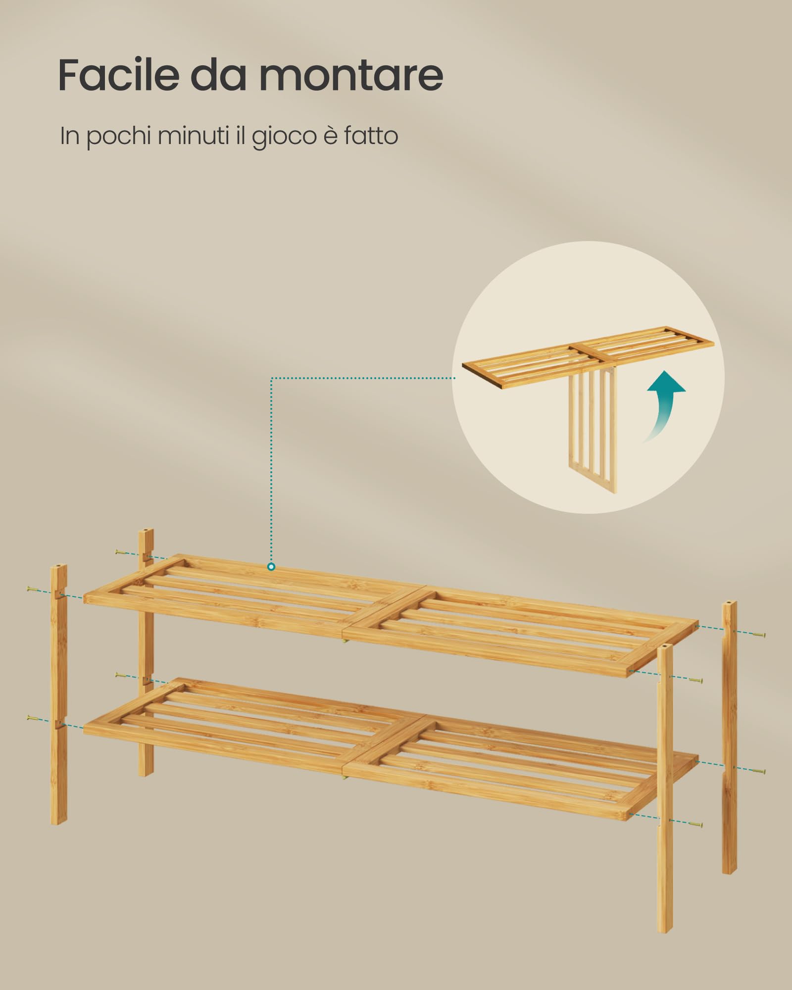 Songmics LBS052YL01 scarpiera bambù naturale 2 ripiani 70 cm