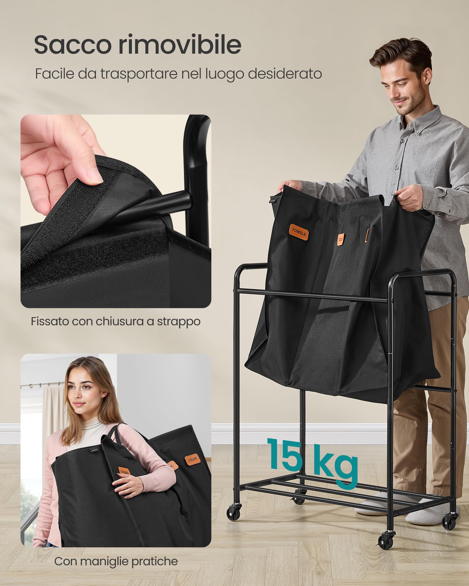 Songmics RLS330B01 carrello portabiancheria 3 scomparti 170L