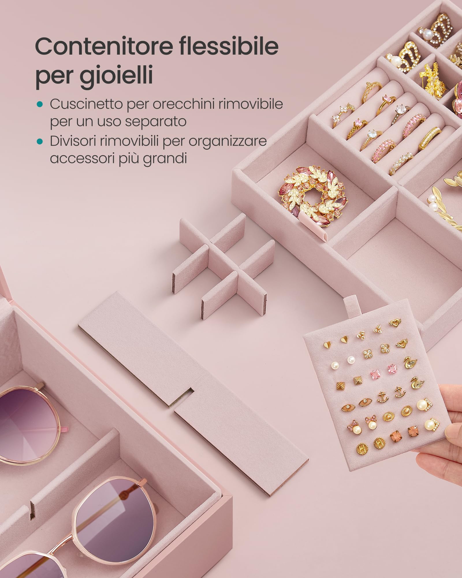 Songmics JBC165R01 scatola portagioie rosa 2 livelli velluto