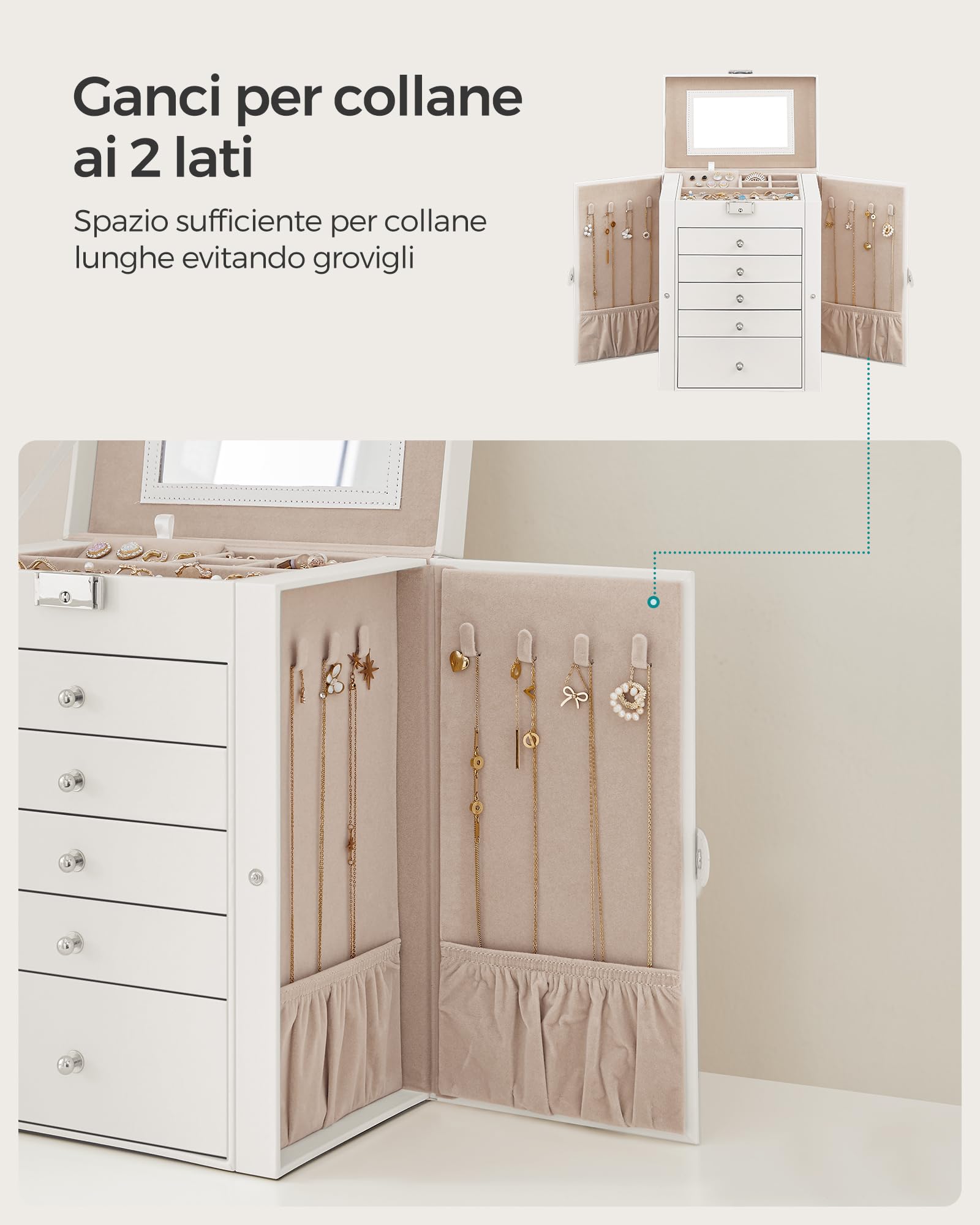Songmics JBC152W01 scatola portagioie 6 livelli bianco con specchio
