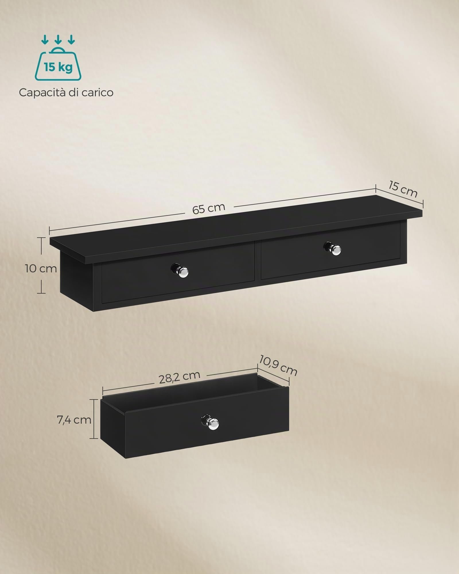 Songmics LWS065B01 Mensola Parete 2 Cassetti Marrone 65 cm