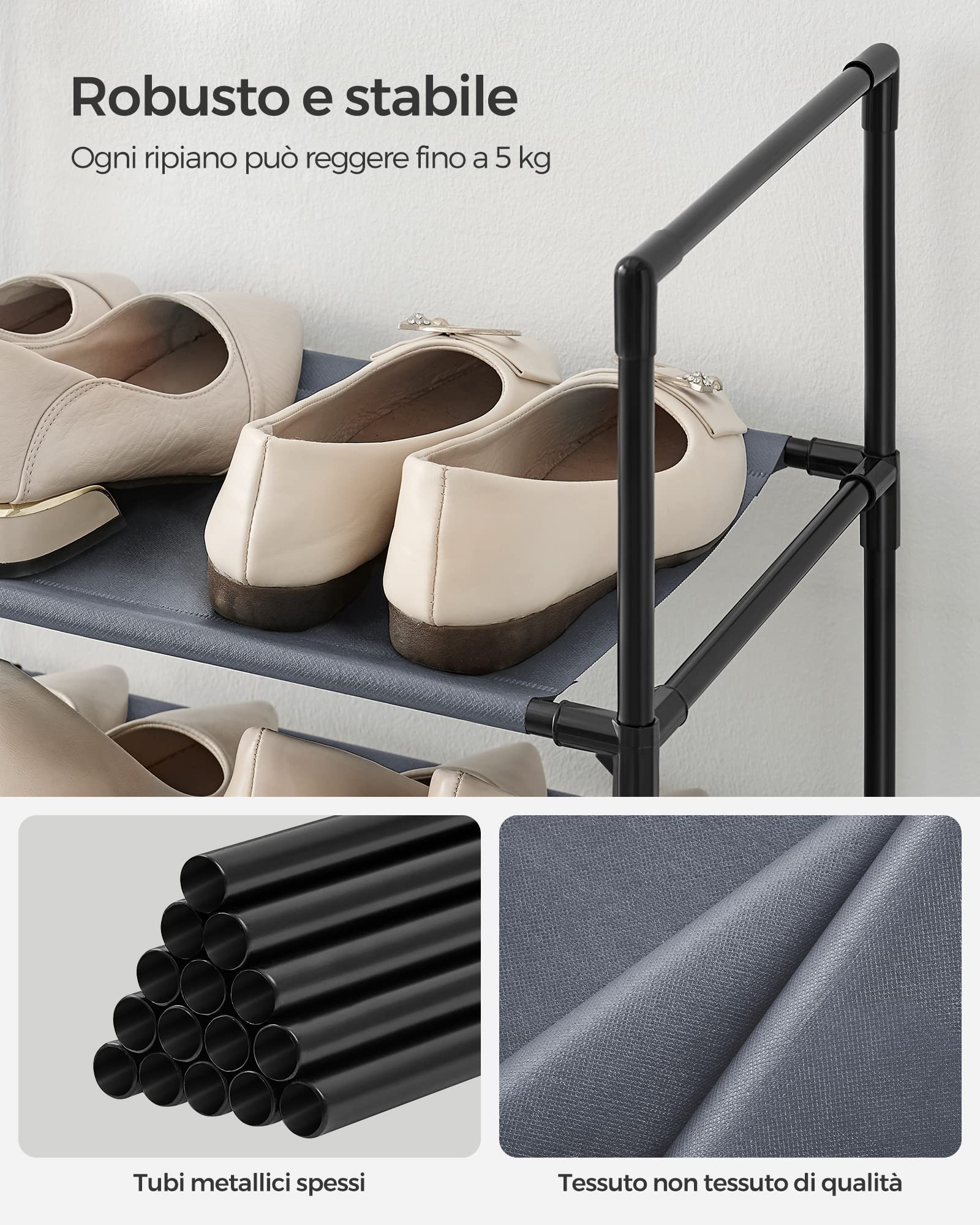 Songmics LSH010G01 scarpiera 10 ripiani grigia 28x45x173
