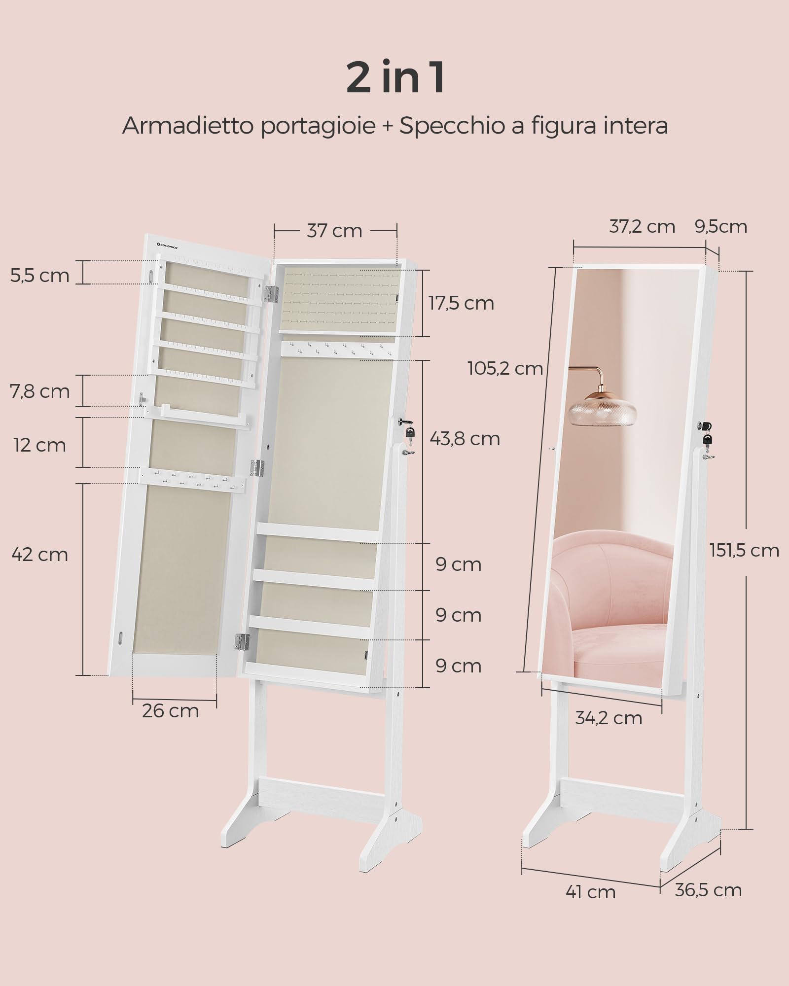 Songmics JJC069W02 specchio portagioie terra bianco con serratura