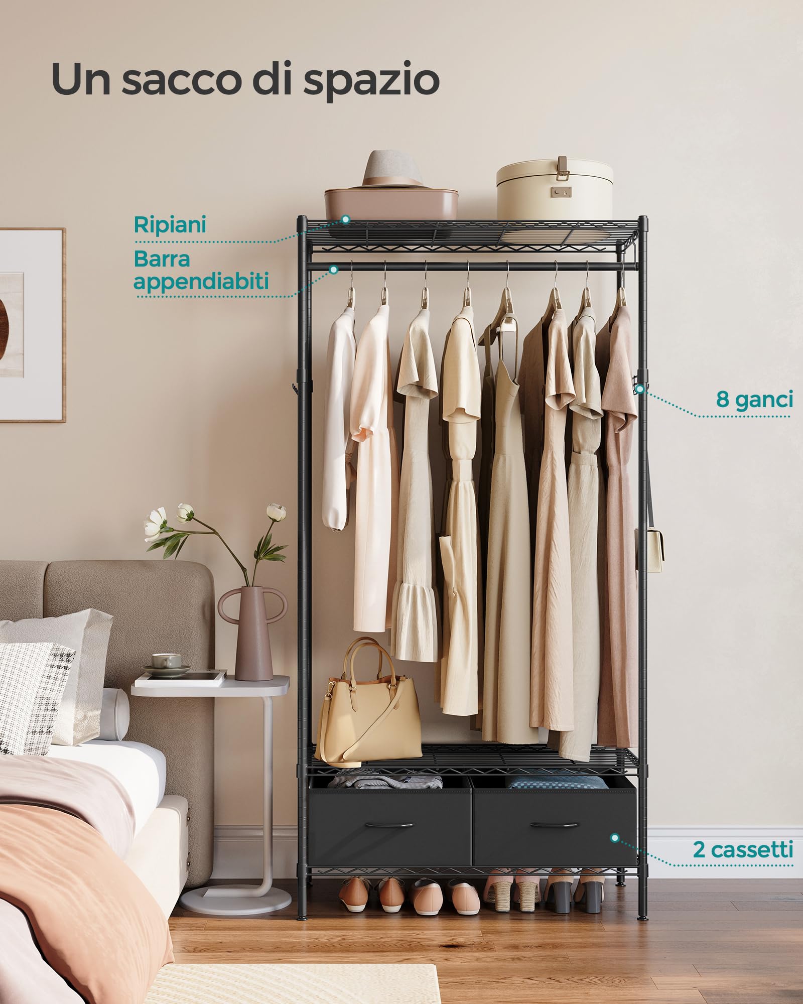 Songmics LGR411B02 guardaroba metallo nero 90x180 cm salvaspazio