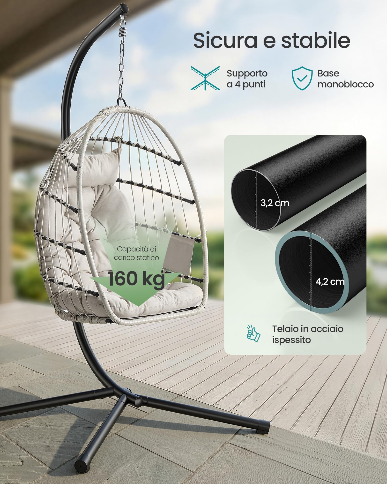 Songmics GDC050WZ01 sedia sospesa uovo bianca 98x195 cm 160kg