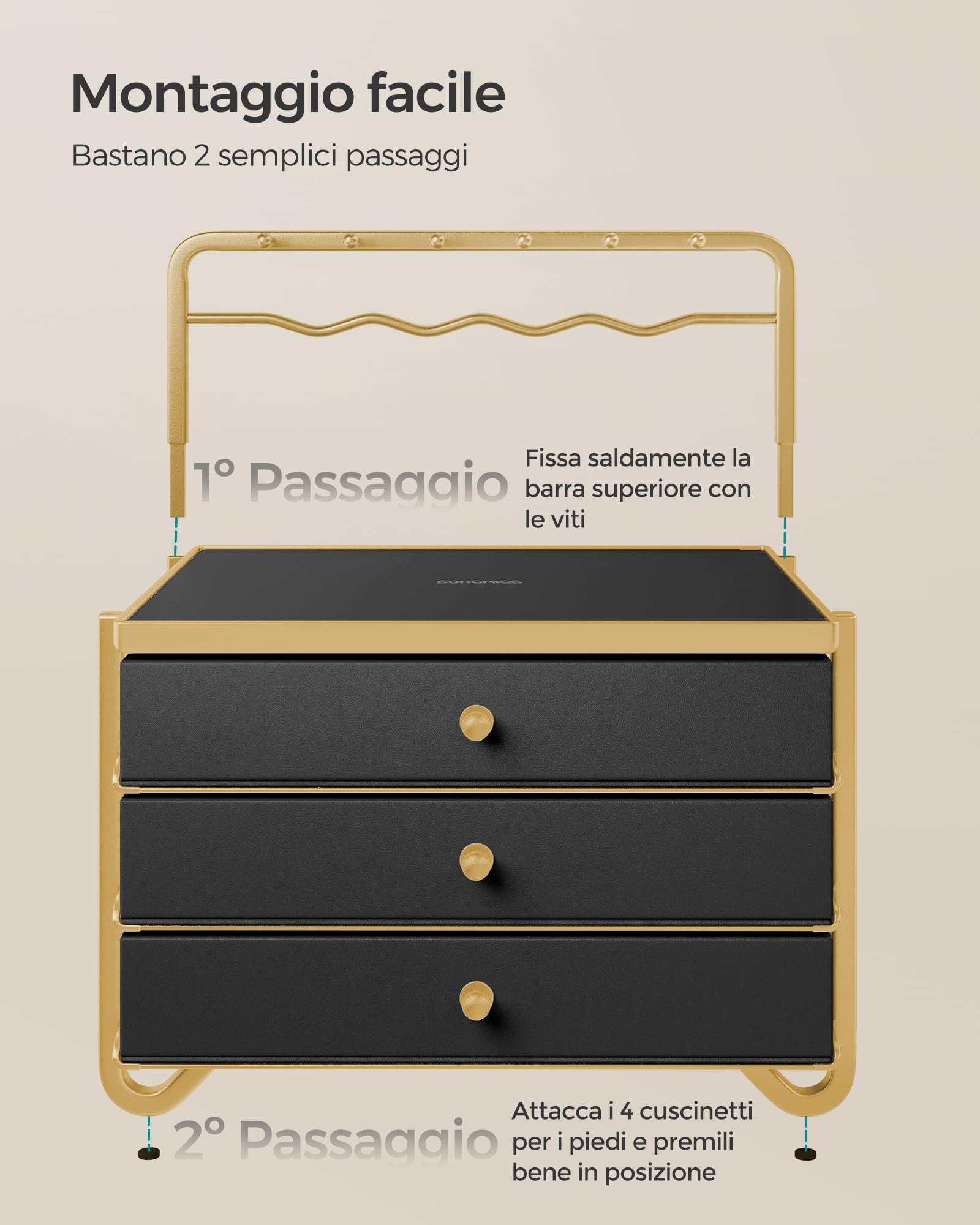Songmics JBC168B01 scatola portagioie 3 cassetti nero inchiostro metallo