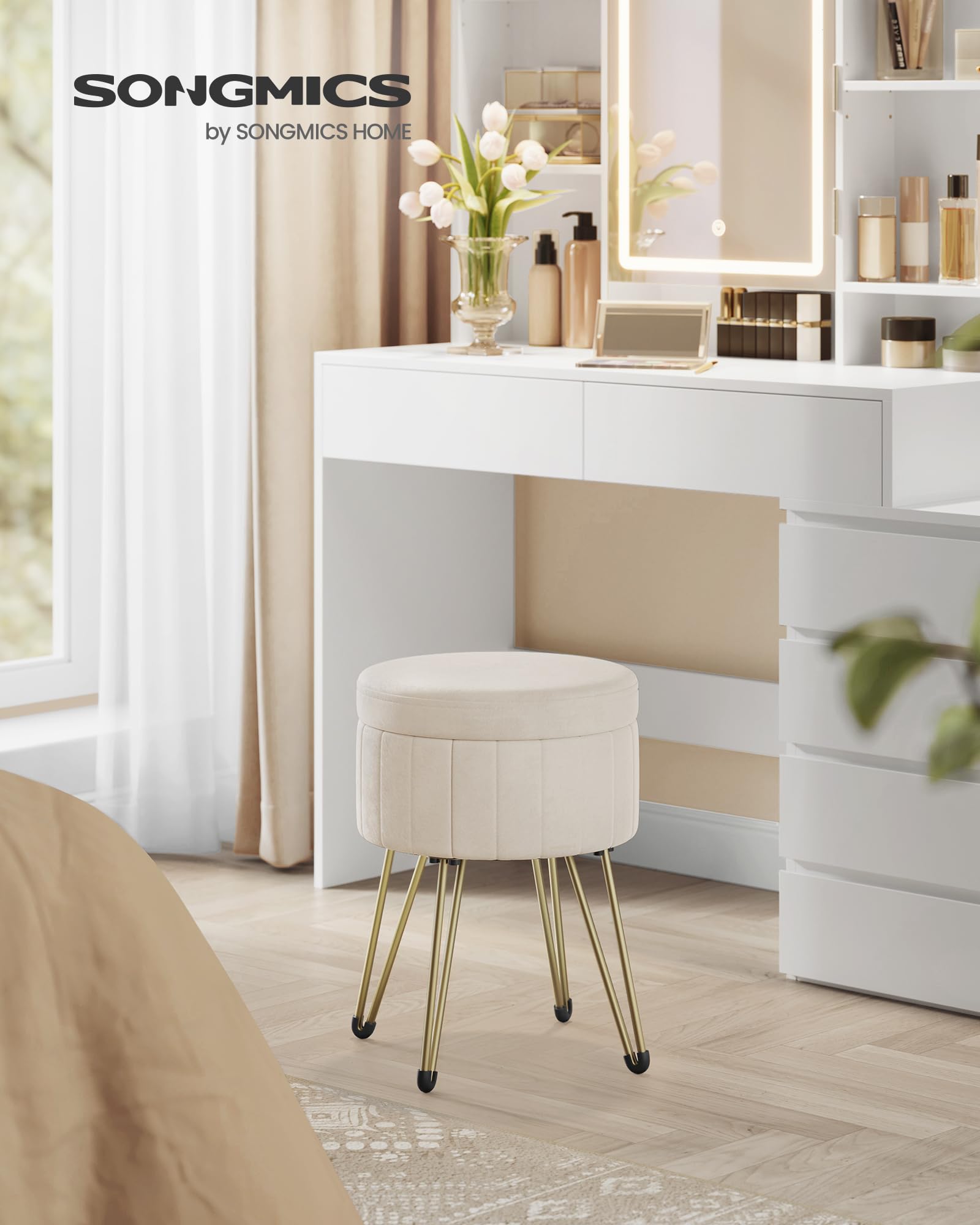 Songmics LOM003W01 sgabello contenitore Bianco Crema in velluto