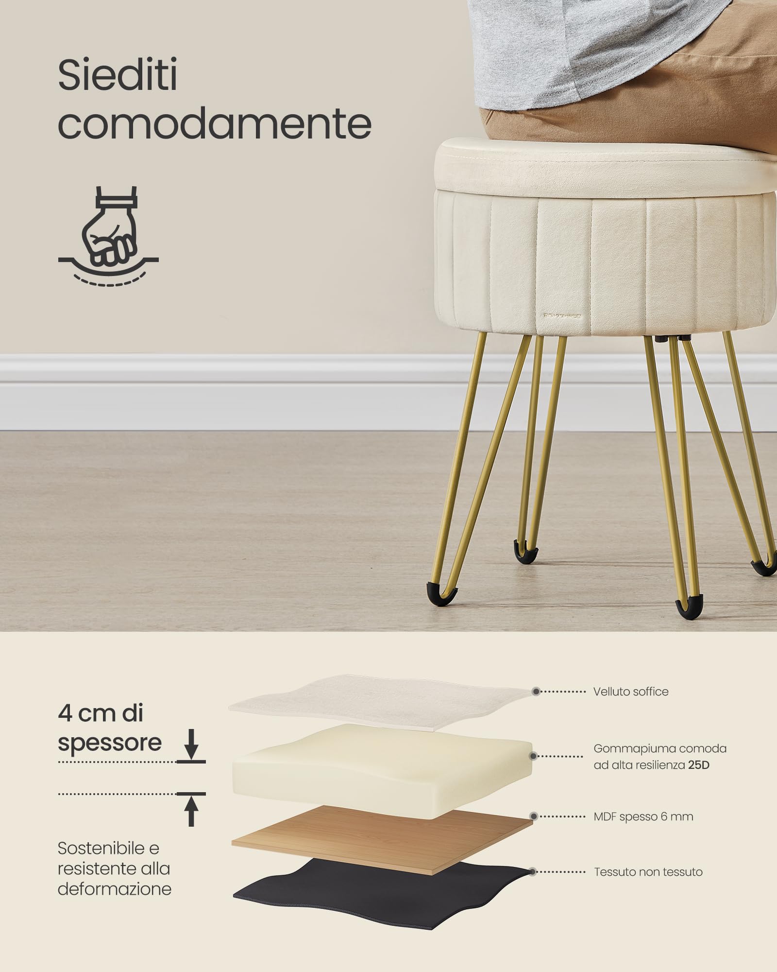 Songmics LOM003W01 sgabello contenitore Bianco Crema in velluto
