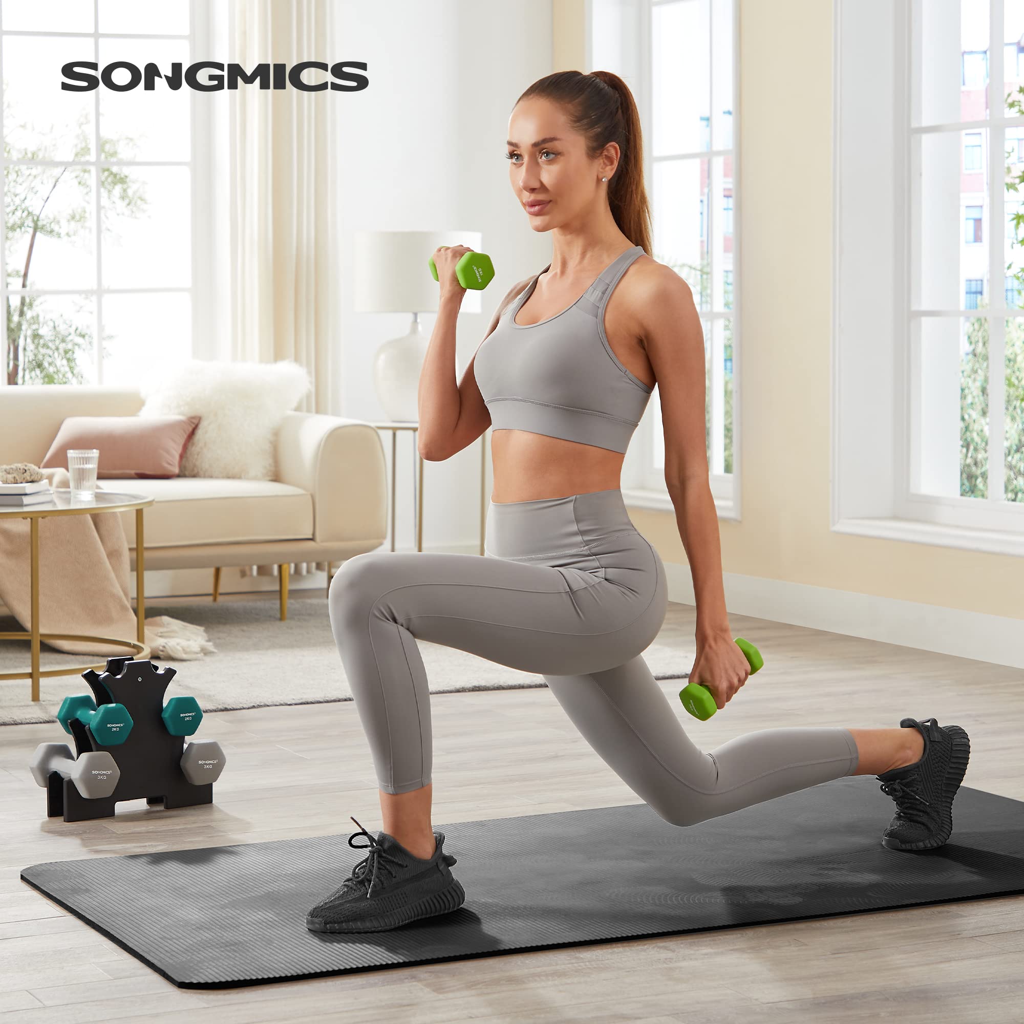 Songmics Set Manubri Esagonali 6 Pezzi Verde Grigio Antiscivolo
