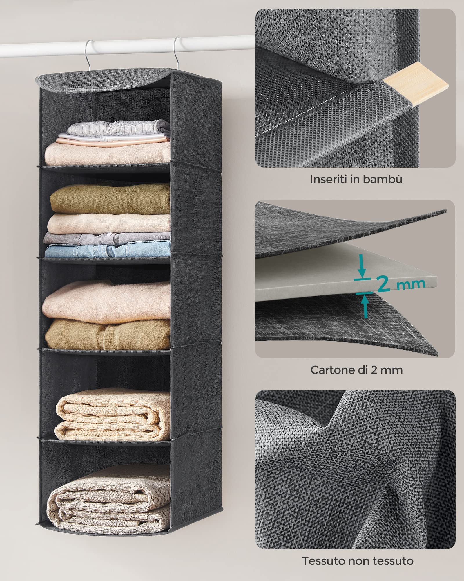 Songmics organizer armadio appeso 5 ripiani beige 2 pezzi