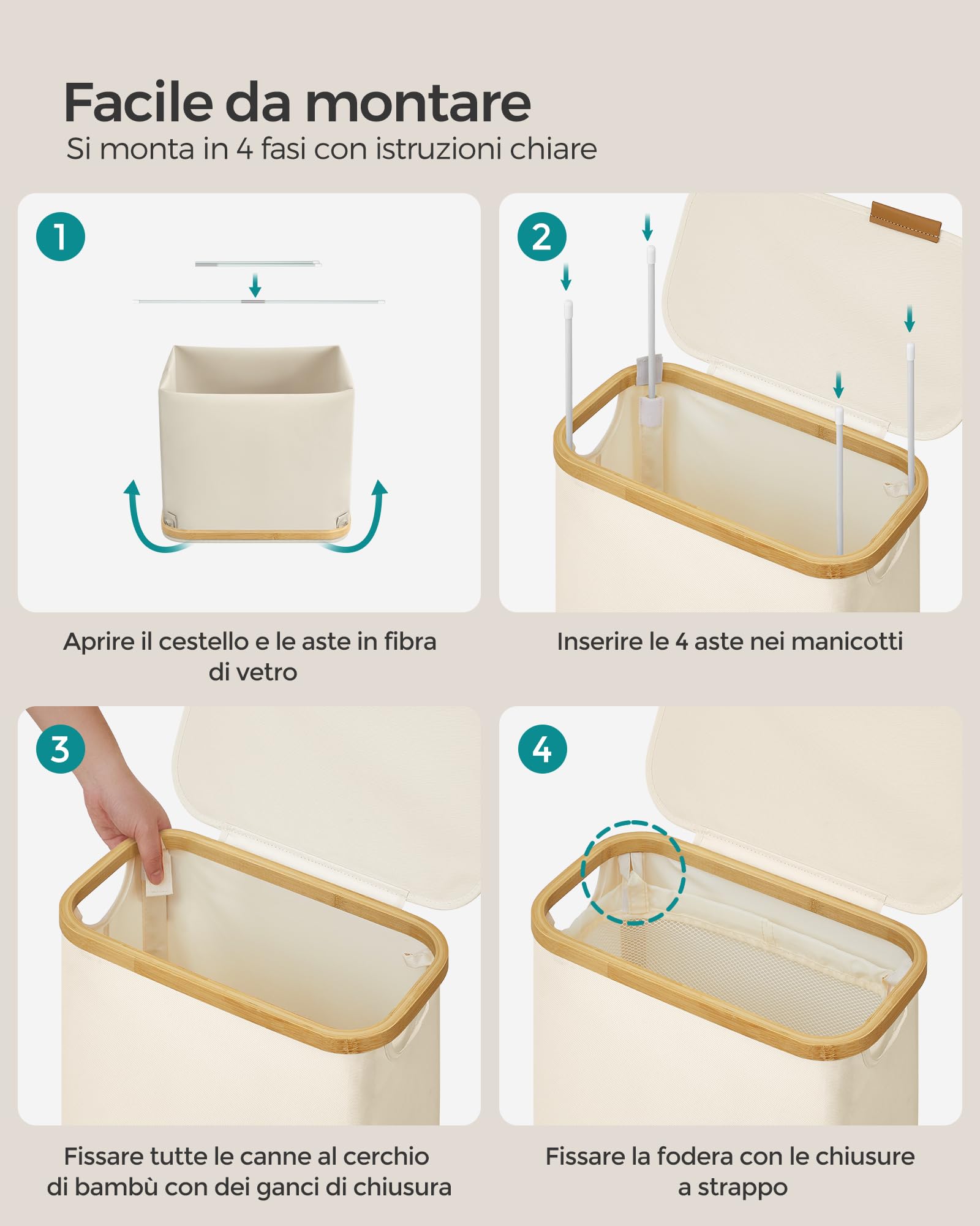 Songmics LCB506W01 cesto portabiancheria 65L bianco crema salvaspazio