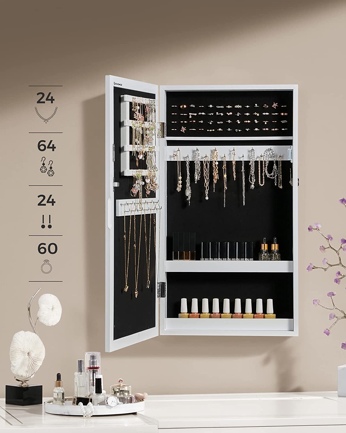 Songmics JBC51W armadietto portagioie specchio bianco nero