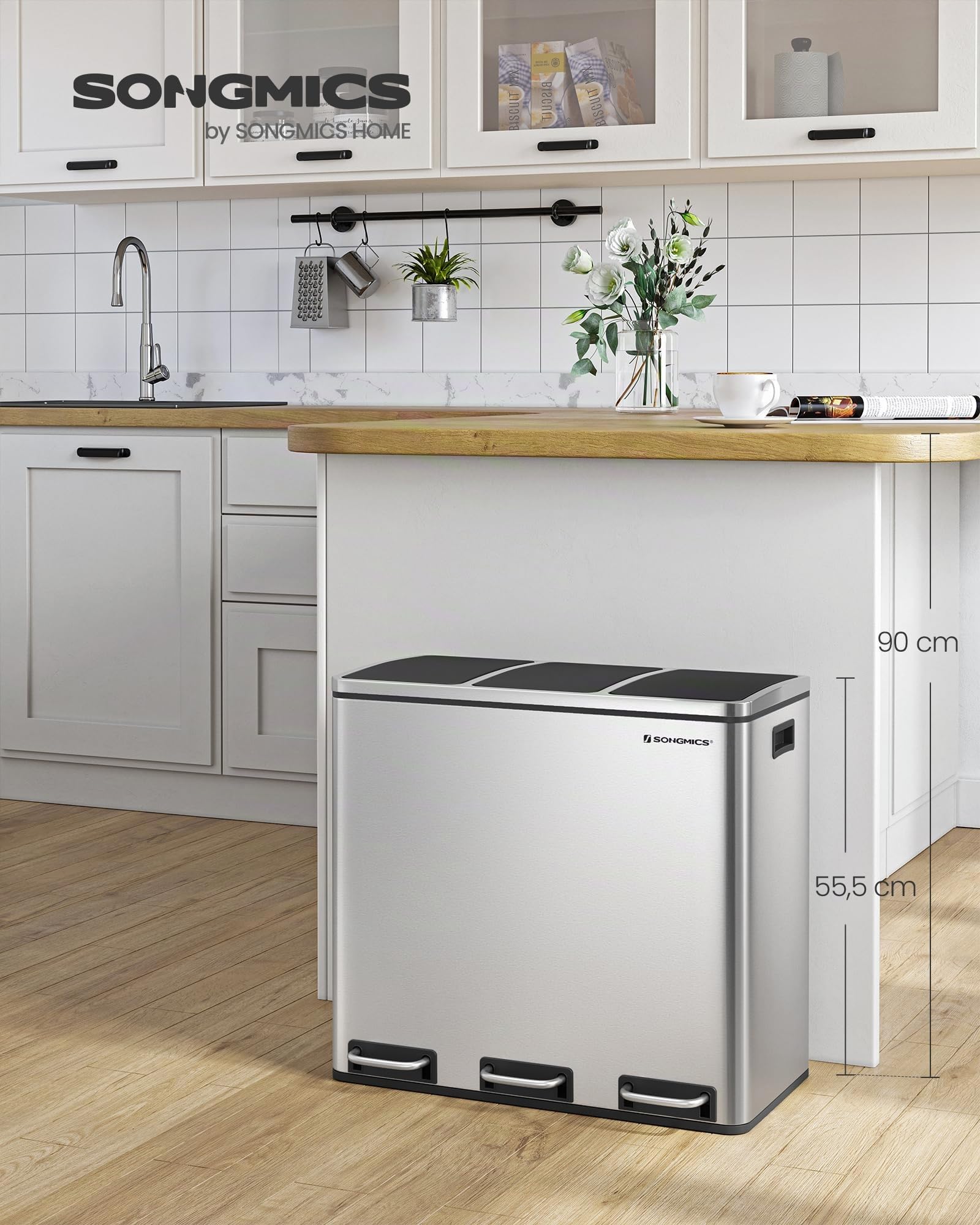 Songmics LTB54NL Pattumiera 3x18L Argento Nero Pedale
