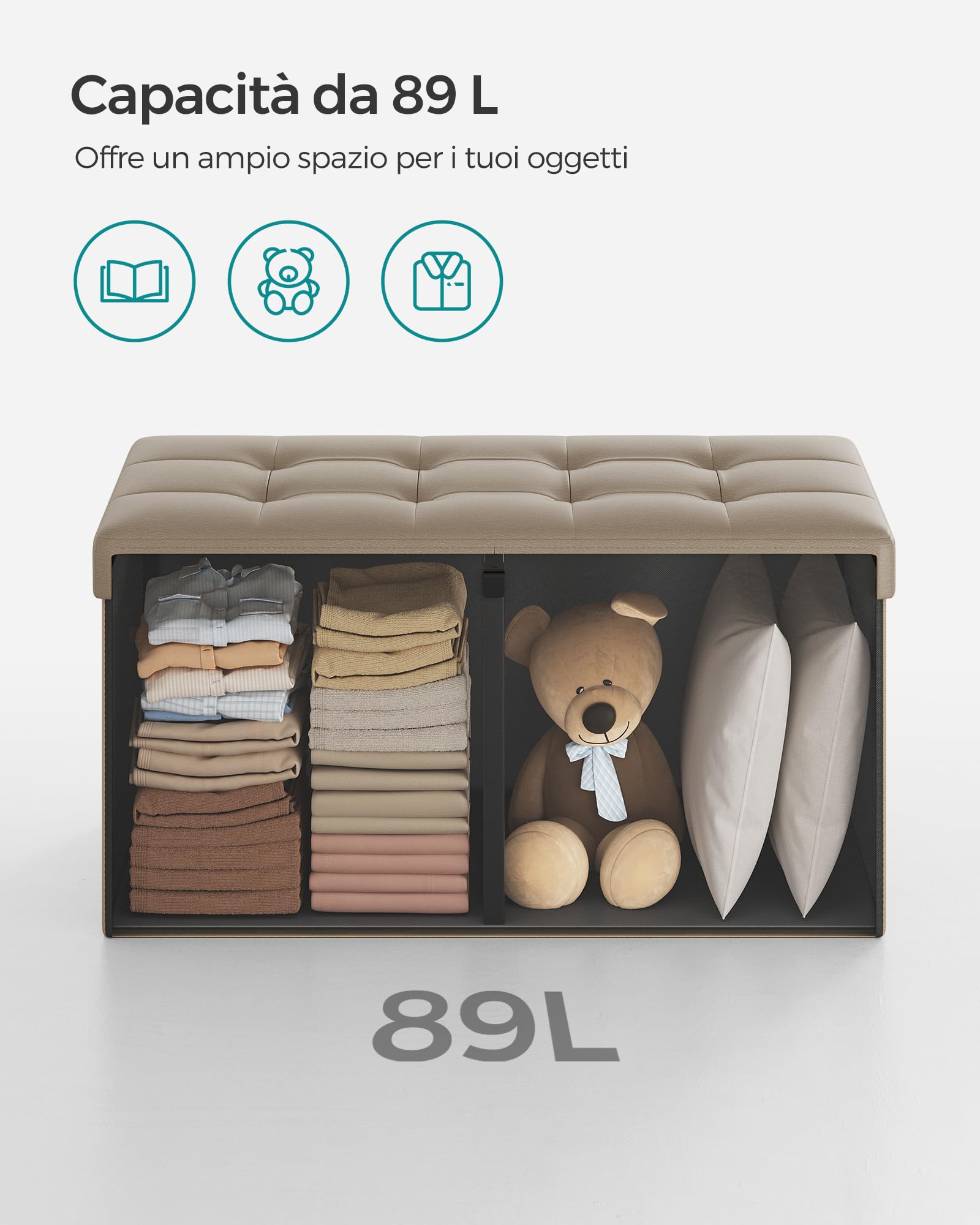 Songmics Pouf Contenitore 89 Litri Pieghevole Beige Portata 300kg