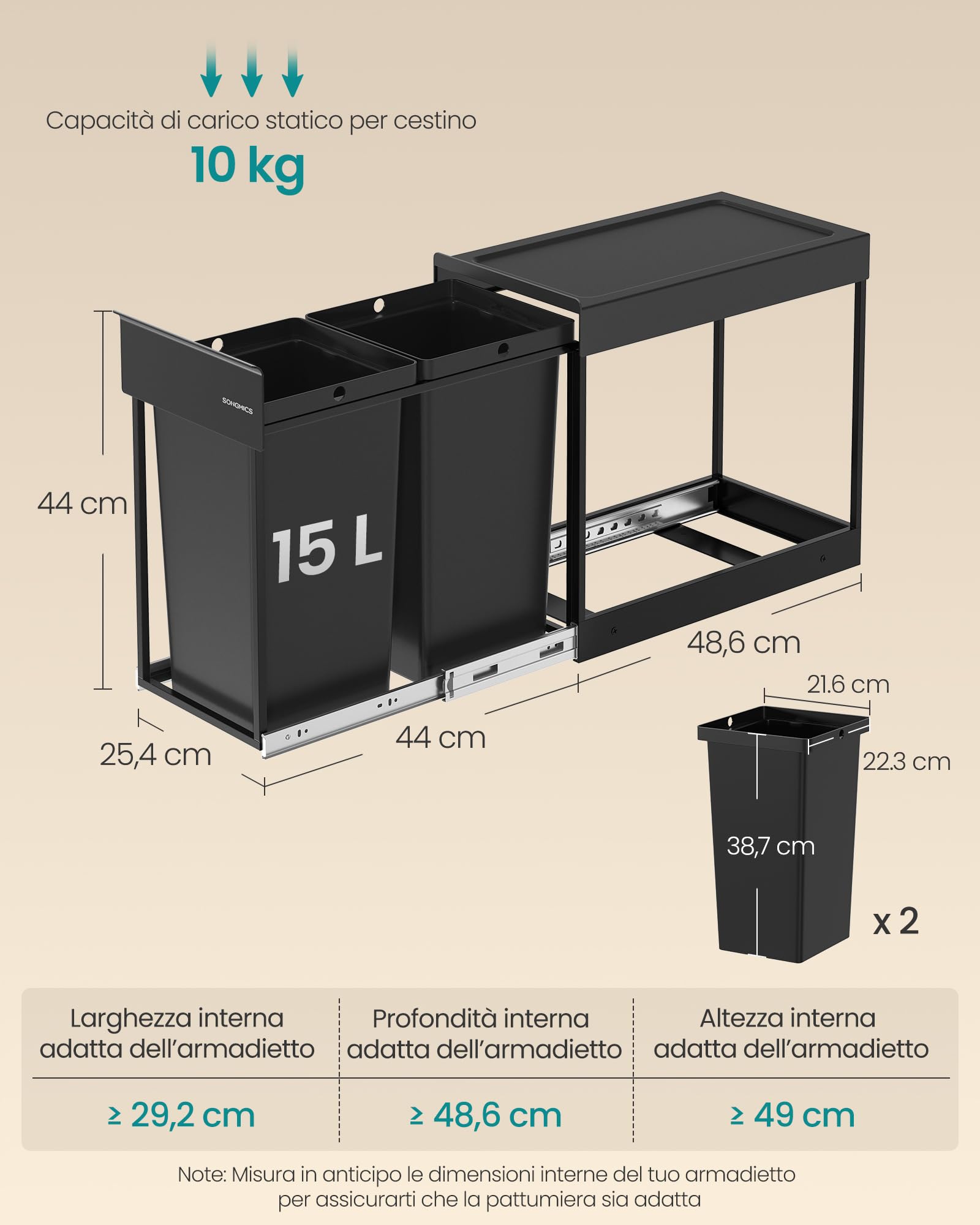 Songmics LTB950B01 pattumiera incasso 2x15 L nera differenziata