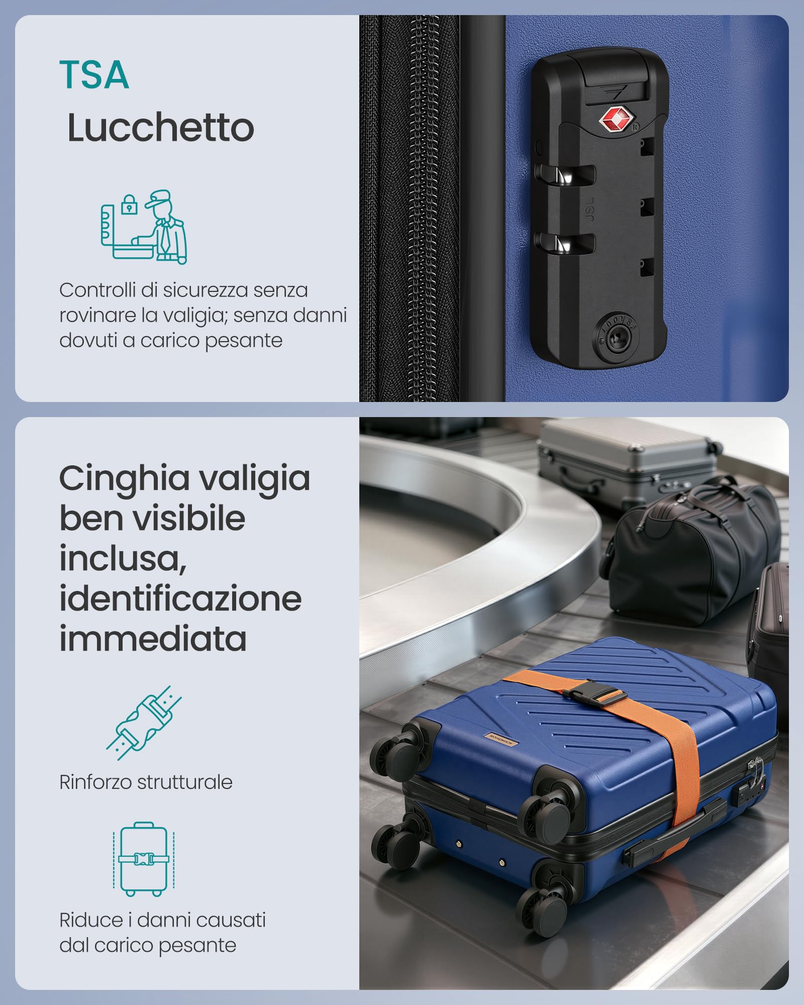 Songmics RLP001Q101 valigia rigida M 55x36x20 cm TSA blu