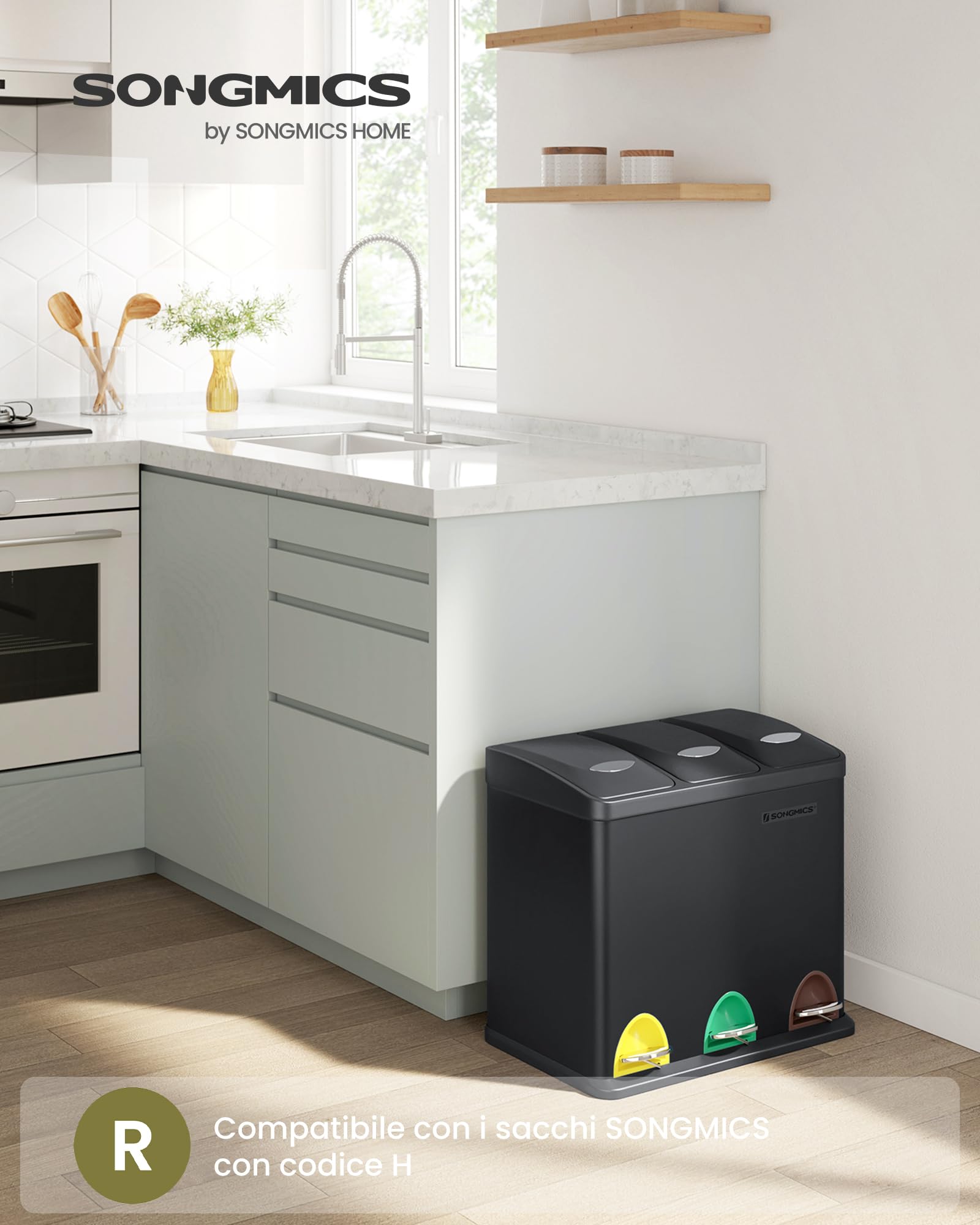 Songmics LTB24BK pattumiera 3x8 L nera a pedale