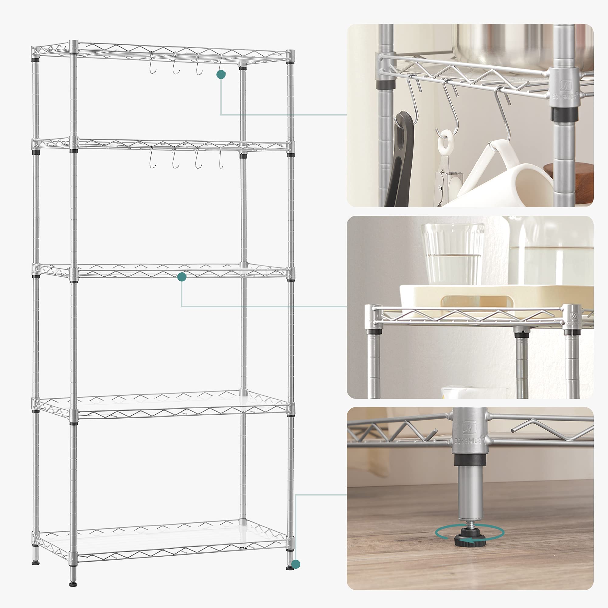 Songmics LGR065E01 scaffale cucina 5 ripiani argento stretto