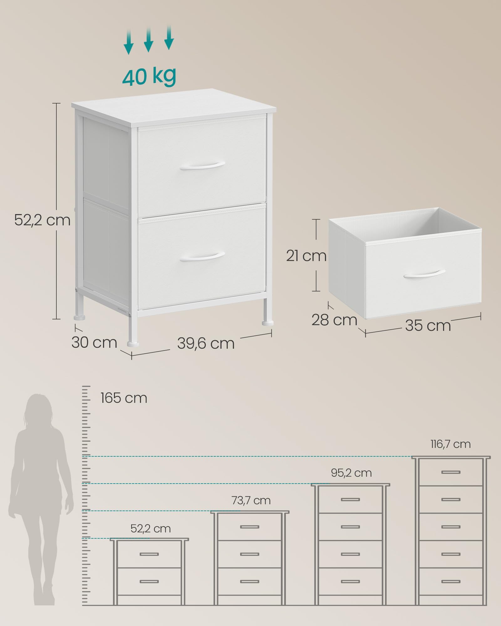 Songmics comodino 2 cassetti bianco 30x39,6x52,2 cm