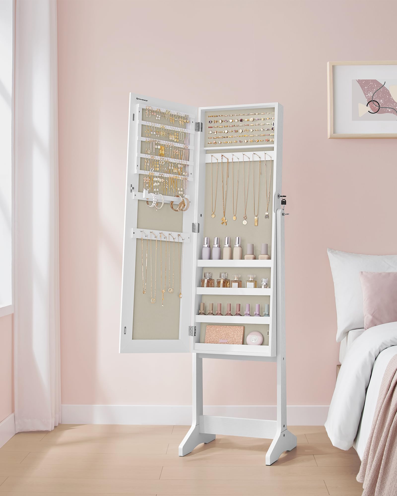 Songmics JJC069W02 specchio portagioie terra bianco con serratura
