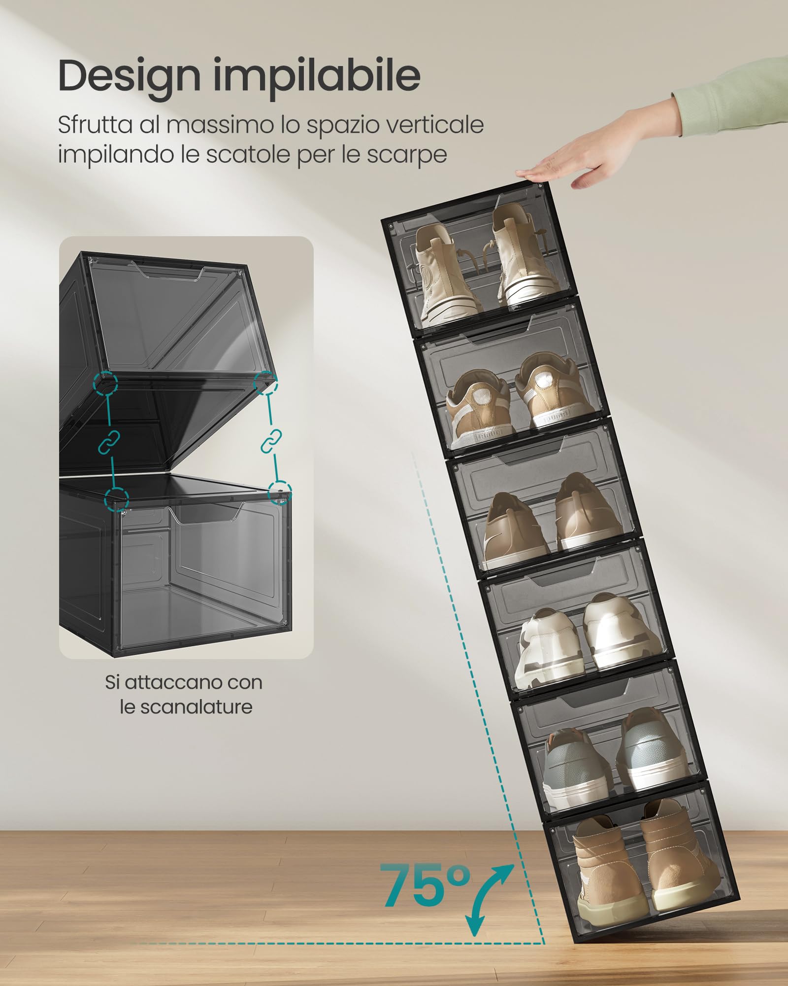 Songmics scatole portascarpe trasparenti 12 pezzi fino 44